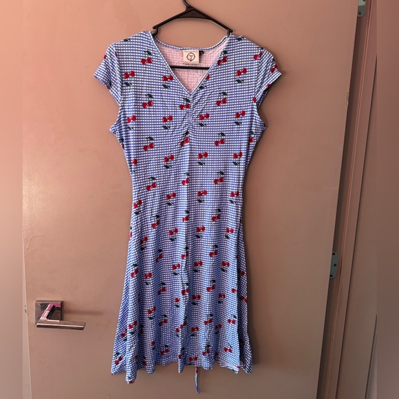 Blue & White Retro Style Dress with Cherry Print - Picture 2 of 13